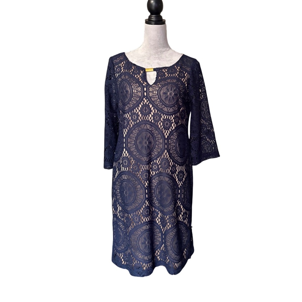 Emma & Michele Navy‎ Blue Lace Medallion Sheath Dress Gold Keyhole 3/4 Sleeve M